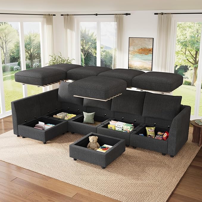 HONBAY Modular Sectional Sofa L Shaped Sectional Couch with Storage, Convertible Couches for Living Room - Snowflake Velvet Grey