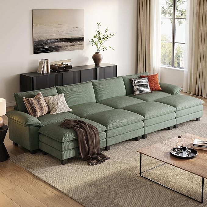 LINSY HOME Modular Sectional Sofa - 157 Inch Oversized Corduroy Cloud Couch with Movable Ottoman Soft Modern Comfy Sofa Set for Living Room Apartment Office (Green, 4-Seat & 4-Ottoman)