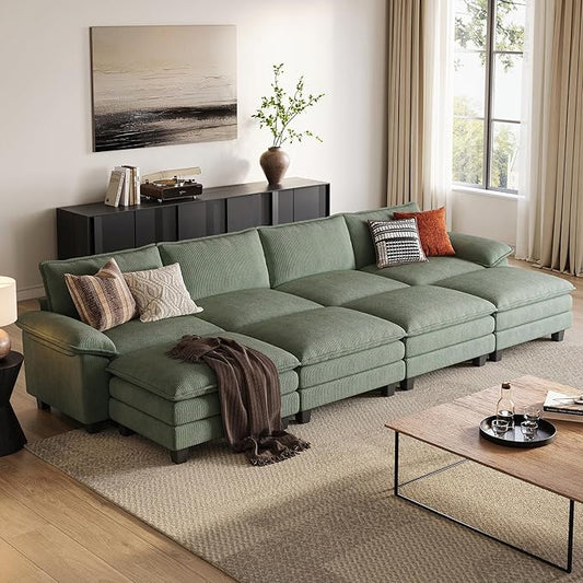 LINSY HOME Modular Sectional Sofa - 157 Inch Oversized Corduroy Cloud Couch with Movable Ottoman Soft Modern Comfy Sofa Set for Living Room Apartment Office (Green, 4-Seat & 4-Ottoman)
