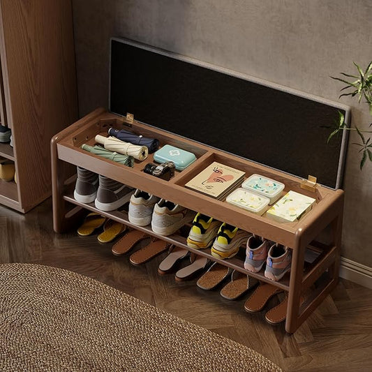 AQIMUELE Shoe Rack Bench,2 Tiers Shoe Bench with Storage with Flip-Top,Wood Shoe Rack for Entryway,Hallway(Walnut Upholstered Seat
