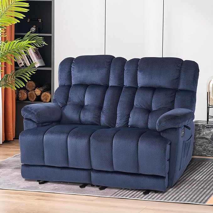 MCombo 58.7" Zero Gravity Power Loveseat Recliner with Heat and Vibration Massage, Reclining Loveseat Sofa with USB Ports for Living Room, Fabric 6237 (Navy Blue)