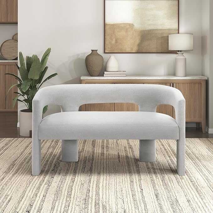 Lexicon 54.5 Inch Modern Curved Boucle Upholstered Dining Bench, Open Back Design, Soft Contemporary Accent Bench for Dining Room/Entryway, No Assembly Required, Light Grey