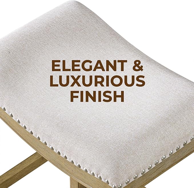 ROME + OAK Set of 2 Parker 26" Counter Stool, Backless Saddle Kitchen Barstool in Natural Wood Finish with Wheat Cream Fabric Upholstery Cushion Seat