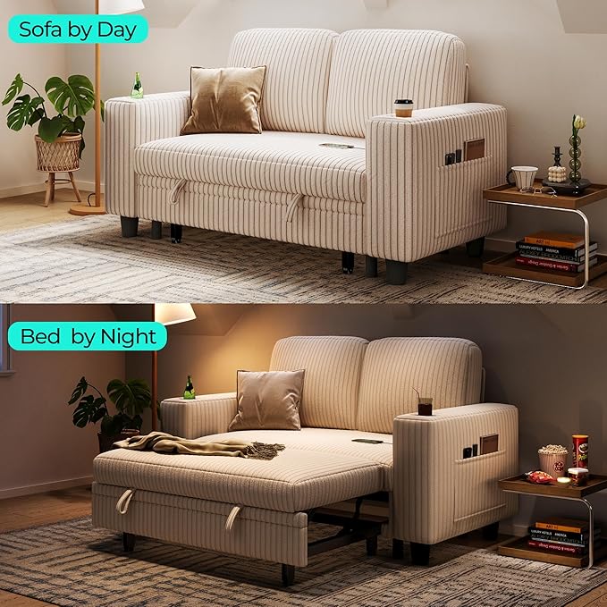 LINSY HOME Sectional Sleeper Sofa Bed, Corduroy Pull Out Couch for Living Room (Beige,Small Couch)|USB Ports, Cup Holder, Side Pocket|2 Seater Convertible Sofa Bed| Apartment Guest Room, Loveseat | Plush Corduroy