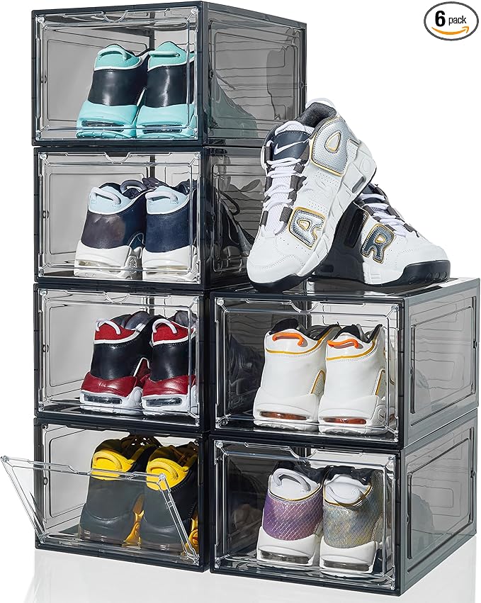 Shoe Organizer Shoe Storage Boxes, 6 Pack Large Drop Front Shoe Boxes with Magnetic Door, Clear Plastic Stackable Shoe Containers (Black)