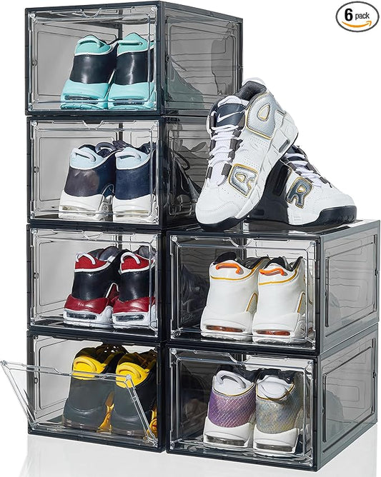 Shoe Organizer Shoe Storage Boxes, 6 Pack Large Drop Front Shoe Boxes with Magnetic Door, Clear Plastic Stackable Shoe Containers (Black)
