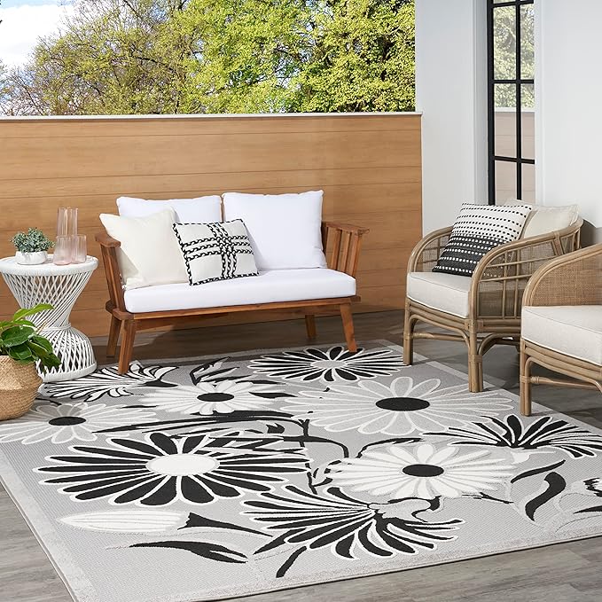 Nourison Home Aloha Black White 5'3" x 7'5" Area Rug - Easy Clean, Non Shedding, Bed Room, Living Room, Dining Room, Kitchen (5' x 8')