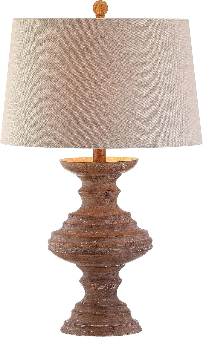 JONATHAN Y 26.5" Brown Faux Bois Resin Table Lamp, Traditional Wood Turned Design for Living Room Bedroom, Light Taupe Linen Shade, LED Bulb Included, UL Listed JYL1001A