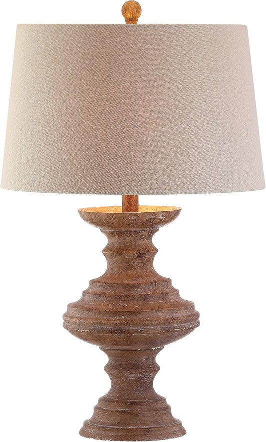 JONATHAN Y 26.5" Brown Faux Bois Resin Table Lamp, Traditional Wood Turned Design for Living Room Bedroom, Light Taupe Linen Shade, LED Bulb Included, UL Listed JYL1001A