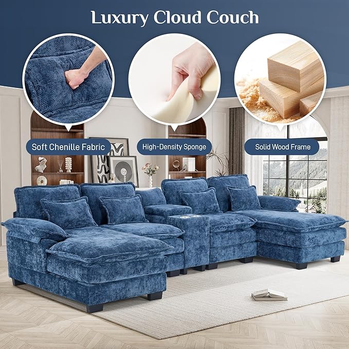 133" Oversized U Shaped Cloud Couch Modular Sectional Couches for Living Room Comfy Chenille Deep Seat Sofa Set with Double Chaise Lounge, Storage Central Console, Cup Holders, USB Port, Blue