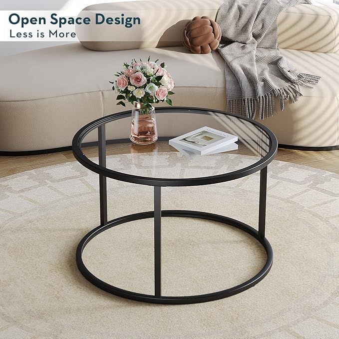 SAYGOER Small Glass Coffee Table Round Coffee Tables 27.6In Modern Tempered Glass-Top Accent Center Table for Living Room Home Office Small Space Easy Assembly