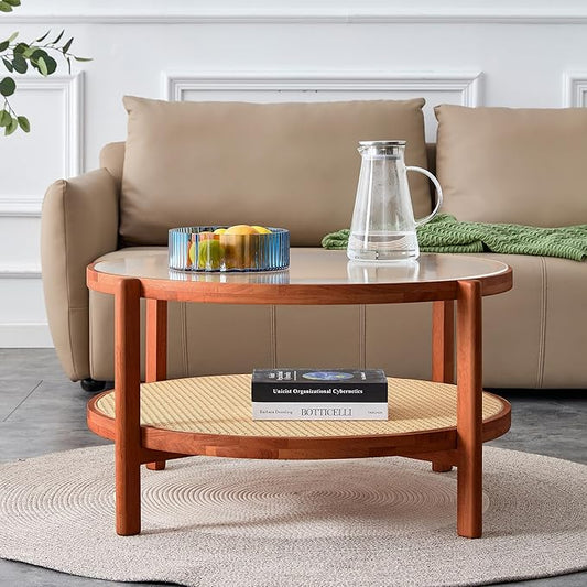 Tempered Glass Round Coffee Table, Farmhouse Circle Coffee Table with Rattan Woven Shelf for Storage, Solid Wood Circular Center Table for Living Room