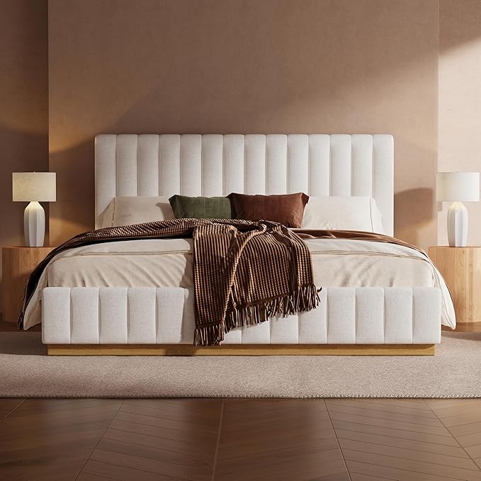 Merax King Bed Frame Upholstered Platform Bed with Linen Headboard, Wing Edge Design/Non-Slip and Noise-Free/Wooden Slats Support/No Box Spring Needed/Easy Assembly,King