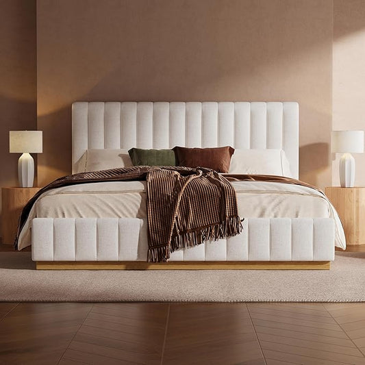 Merax King Bed Frame Upholstered Platform Bed with Linen Headboard, Wing Edge Design/Non-Slip and Noise-Free/Wooden Slats Support/No Box Spring Needed/Easy Assembly,King