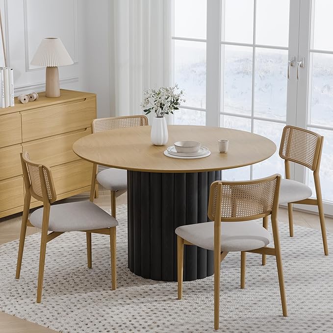Casaphoria 46 inch Round Dining Table for 4, Wood Top with Black Cylinder Pedestal Base, Modern Farmhouse Style Kitchen Table