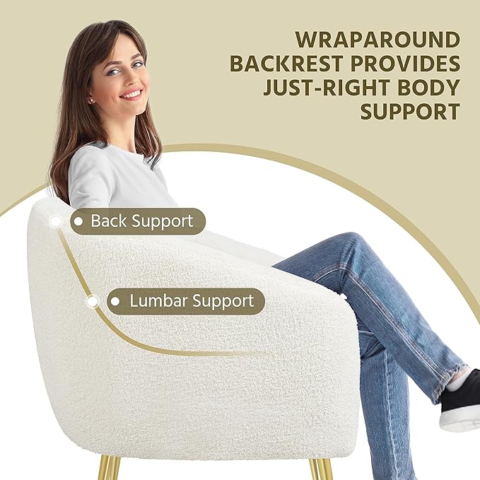 Yaheetech Accent Chair, Modern Cozy Vanity Chair with Gold Metal Legs, Boucle Fabric Armchair with Removable Seat Cushion for Living Room Bedroom Office Guest Room, Ivory, 2 pcs