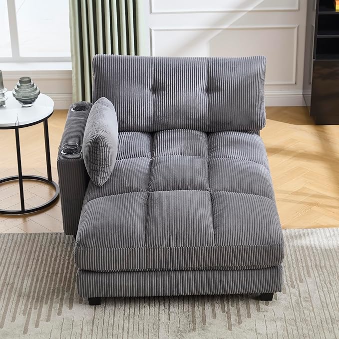 Oversized Lounge Chaise Convertible Sleeper Sofabed, Corduroy Sleeper Daybed Indoor Recliner Chair Sofa Bed with Cupholders and Adjustable Headrests for Living Room Bedroom Reading Home Apartment