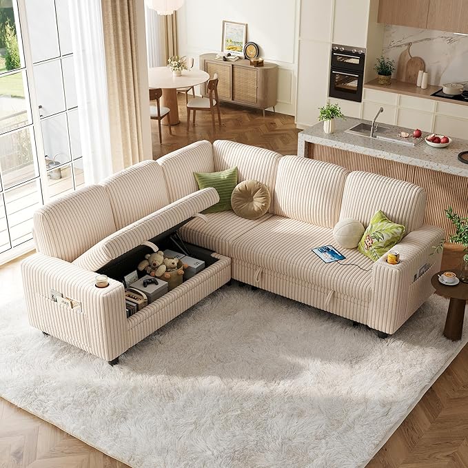 LINSY HOME Sectional Sofa with Pull Out Bed, 5 Seats Corduroy Reversible Sleeper Sofa with Storage Seats, USB Ports, Cup Holders, Side Pocket, Sectional Couches for Living Room | Soft corduroy fabric, Contouring foam, Sturdy frame