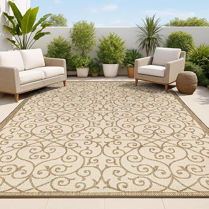 JONATHAN Y Vintage Filigree Indoor Outdoor Area Rug 8X10 Beige/Brown, Madrid Textured Weave for Backyard, Patio, Porch, Easy-Cleaning, High Traffic, Pet-Friendly, Non-Shedding (SMB107B-8)