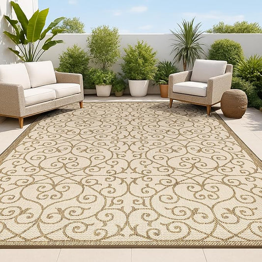 JONATHAN Y Vintage Filigree Indoor Outdoor Area Rug 8X10 Beige/Brown, Madrid Textured Weave for Backyard, Patio, Porch, Easy-Cleaning, High Traffic, Pet-Friendly, Non-Shedding (SMB107B-8)