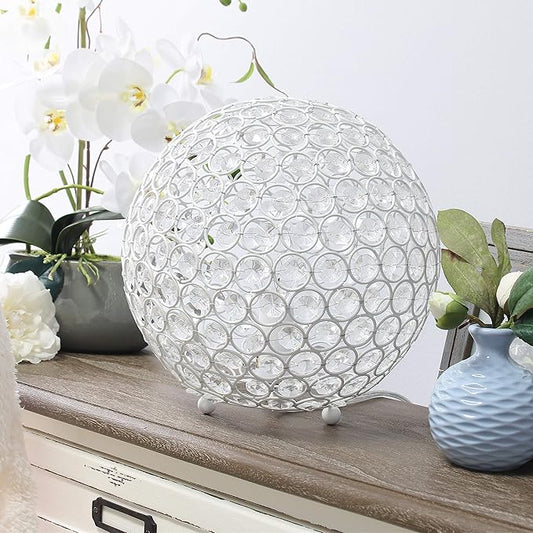 Elegant Designs LT1067-WHT 10" Elipse Crystal Collection Metal Crystal Ball Sequin Table Desk Lamp for Accent Lighting, Décor, Living Room, White
