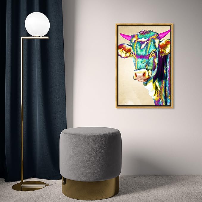 Country Farmhouse Canvas Print Painting Animal Wall Art 'Fun Colorful Glam Farm Cow' Gold Framed Canvas Rustic Home Décor 16x24 in Green, Pink by Oliver Gal
