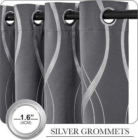 NICETOWN Grey Patterned Blackout 54 inch Long Curtain for Cafe, 66 x 54 inch, Short Thermal Insulated Wave Line Foil Print Design Drapes for Cloest and RV, 2 Panels