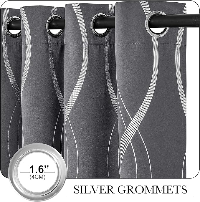 NICETOWN Blackout Curtains Panels for Bedroom, 2 Panels, 34 x 72 Inch, Gray, Microfiber Noise Reducing Thermal Insulated Wave Line Foil Print Design Blackout Curtains for Patio Sliding Glass Door