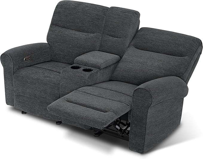 MCombo 78.3" Wall Hugger Power Loveseat Recliner Sofa with Console, Reclining Loveseat with USB Ports, Cup Holders, for Small Spaces Living Room RV, Fabric PR635M2 (Dark Grey)