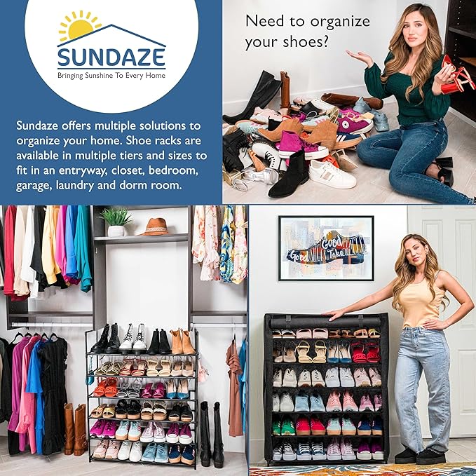 Sundaze Shoe Rack with Cover - 6 Tier Shoe Rack for Front Door Entrance, Sturdy Tall Shoe Organizer for Bedroom, Closet, Garage, Non Woven Fabric Shelf, Black, Holds Up to 30 Pairs
