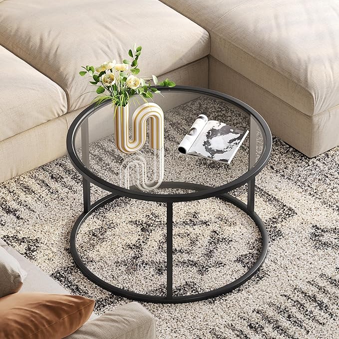 SAYGOER Small Glass Coffee Table Round Coffee Tables 27.6In Modern Tempered Glass-Top Accent Center Table for Living Room Home Office Small Space Easy Assembly