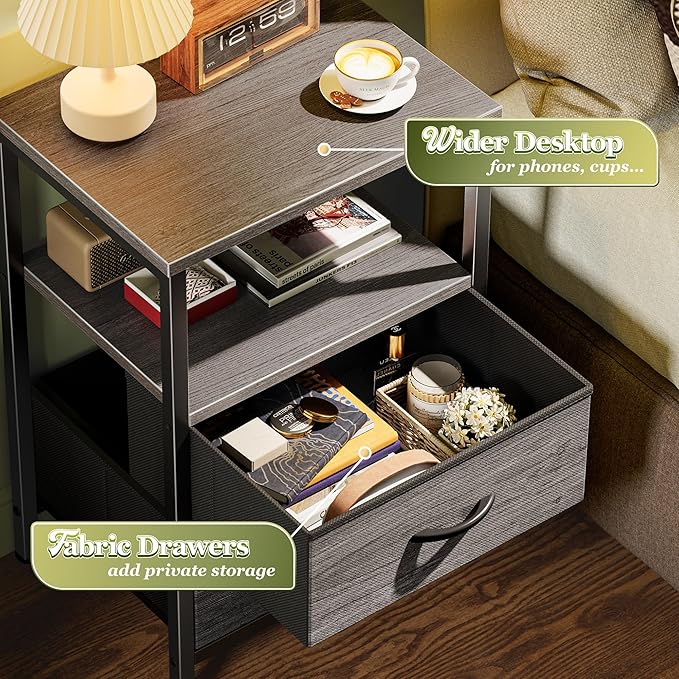 Huuger Night Stand Set of 2, Nightstand with 2 Drawers, Bed Side Table with Open Shelf, Wooden Top, End Table, Fabric Drawer, for Bedroom, Gery