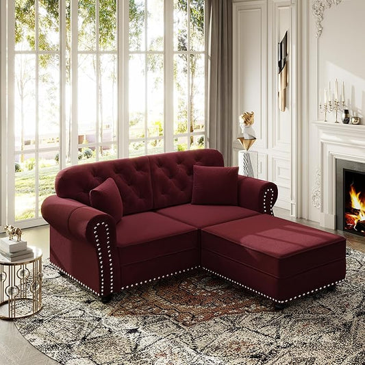 KEIKI 63" Velvet Chesterfield Sofa with Rolled Arms & Nailhead Trim & 1 Ottoman, Modern 2-Seater Button Tufted Couch with High Resilience Cushion & 2 Pillow, Easy Assembly, for Living Room, Burgundy