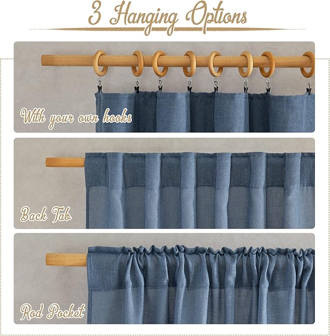 NICETOWN Stone Blue Linen Curtains 108 inches Long, Rod Pocket & Back Tab Flax Linen Burlap Semi Sheer Privacy with Light Filtering Window Treatments for Bedroom, W52 x L108, 2 Panels