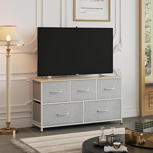 WLIVE Dresser for Bedroom with 5 Drawers, Wide Chest of Drawers, Fabric Dresser, Storage Organization Unit with Fabric Bins for Closet, Living Room, Hallway, Light Grey