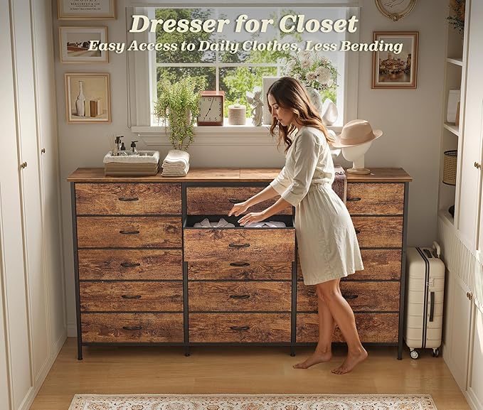PRAISUN 63 Inch Long Dresser TV Stand for 65, 70 Inch TV, 15 Drawer Dresser for Closet, Bedroom, Large Fabric Drawers, Entryway Hallway Chest of Drawers, Wooden Top, Media Console, Rustic Brown