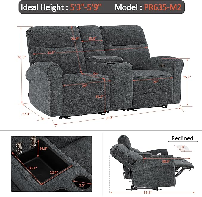 MCombo 78.3" Wall Hugger Power Loveseat Recliner Sofa with Console, Reclining Loveseat with USB Ports, Cup Holders, for Small Spaces Living Room RV, Fabric PR635M2 (Dark Grey)