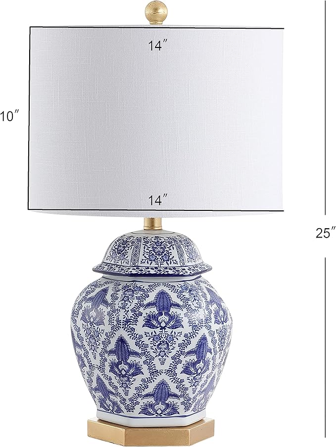 JONATHAN Y 25" Blue/White Classic Traditional Ginger Jar Ceramic LED Table Lamp, Chinoiserie Table Lamp for Living Room Bedroom, Gold Base, White Linen Shade, LED Bulb Included JYL3051A