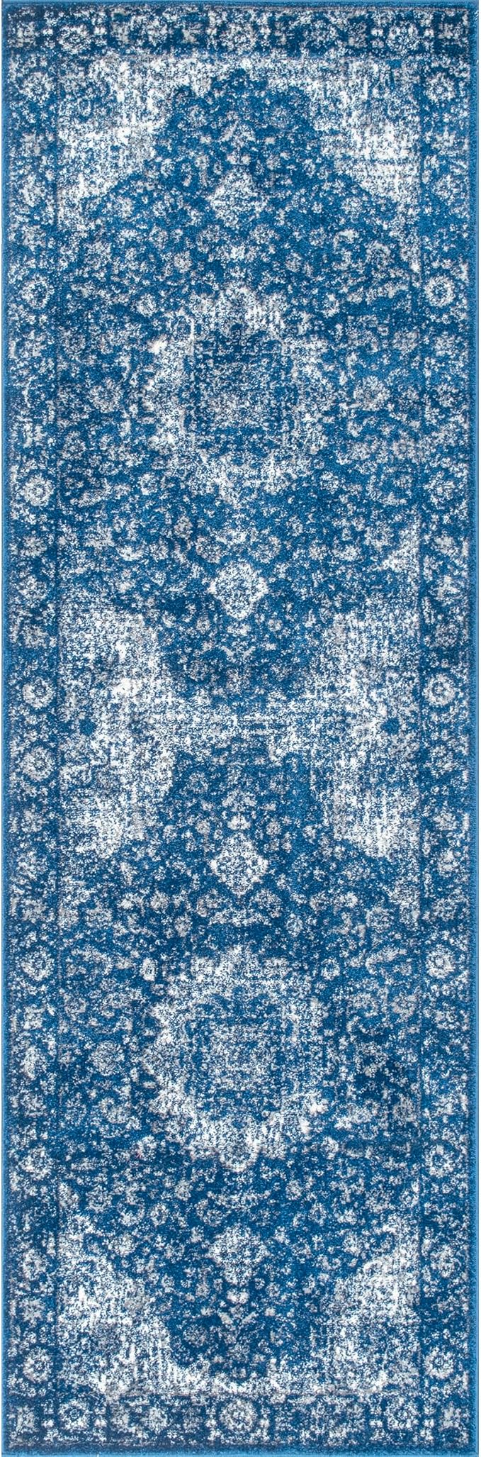 Nuloom Verona Dark Blue/White, 2'6" x 6', Vintage Medallion, Soft and Cozy, High Traffic, Stain Resistant, Easy Clean, Durable Runner for Bedroom, Living Room, Dining Space, Den, Foyer, Entryway
