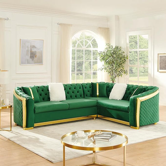 KEIKI 106" L-Shaped Luxury Velvet Chesterfield Sectional Sofa with Gold Stainless Steel Accents and 5 Pillows, Mid-Century Oversized 5-Seater Button Tufted Couch, Easy Assembly, for Living Room, Green
