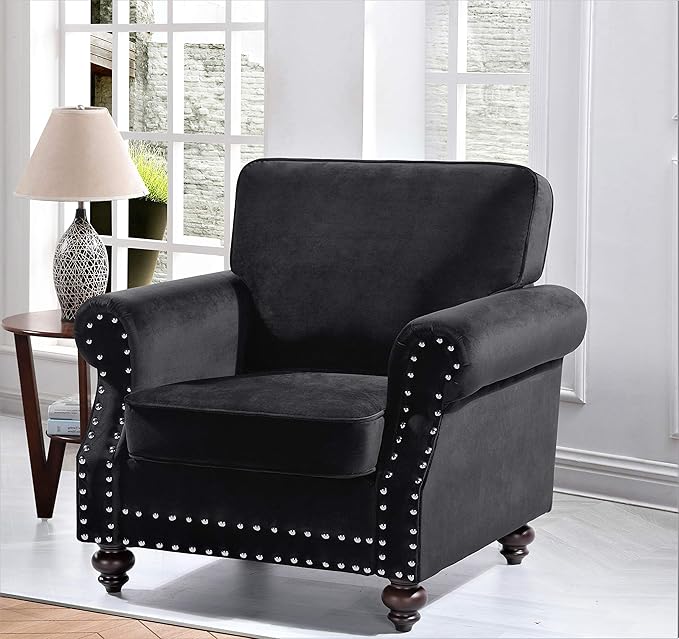 Container Furniture Direct Lotus Mid Century Modern Velvet Upholstered Living Room Rolled Arms, Chair, Midnight