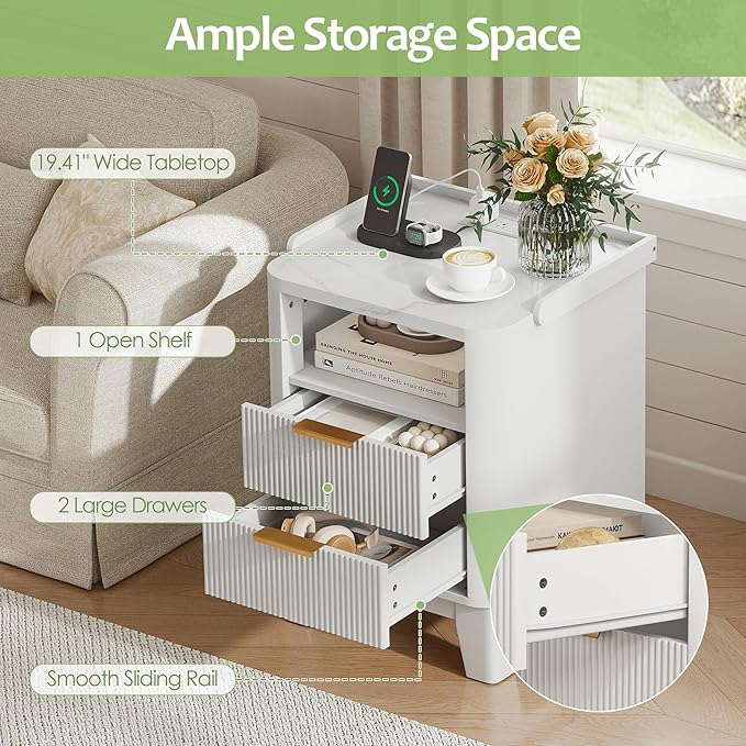 Night Stand with Charging Station, Fluted Nightstand with 2 Drawers and LED Light, Wood Bedside Table with Open Storage for Bedroom, White