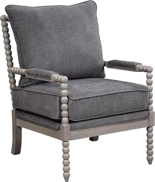 OSP Home Furnishings Abbott Spindle Accent Chair with Padded Spring Seat and Brushed Grey Base, Charcoal Fabric
