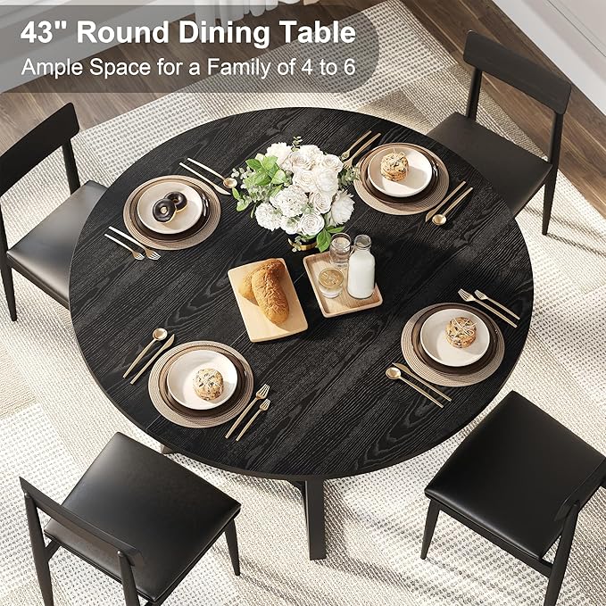 Round Dining Table for 4, Kitchen Tables Dining Room Circle Dinner Table with Pedestal Metal Frame, Space Saving Wood Industrial Kitchen & Dining Room Tables, Black 43In