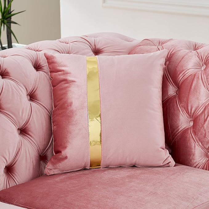 KEIKI 106" L-Shaped Luxury Velvet Chesterfield Sectional Sofa with Gold Stainless Steel Accents and 5 Pillows, Mid-Century Oversized 5-Seater Button Tufted Couch, Easy Assembly, for Living Room, Pink