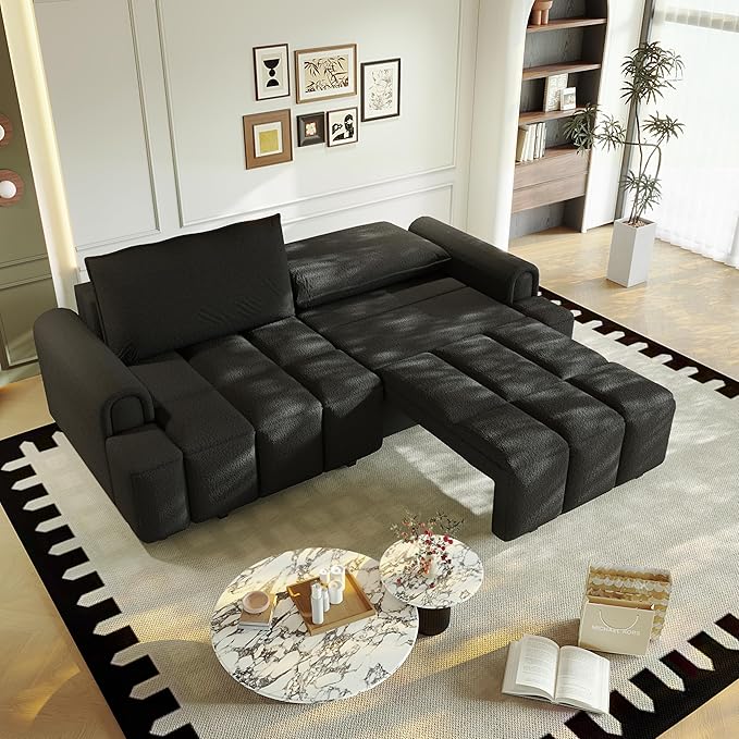 KEIKI 90.2" Modern 3-in-1 Sleeper Sofa Bed – Teddy Fabric 4-Seater Couch with Storage, King Size Convertible Sofa for Office, Guest Room, Home Workspace, Reclining Sofa Bed with Casters
