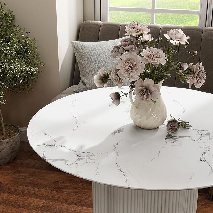 Homes: Inside + Out Elara Modern 39-inch Round Dining Table with Fluted Pedestal Base, Seats up to 4, for Home Kitchen, Living Room, White