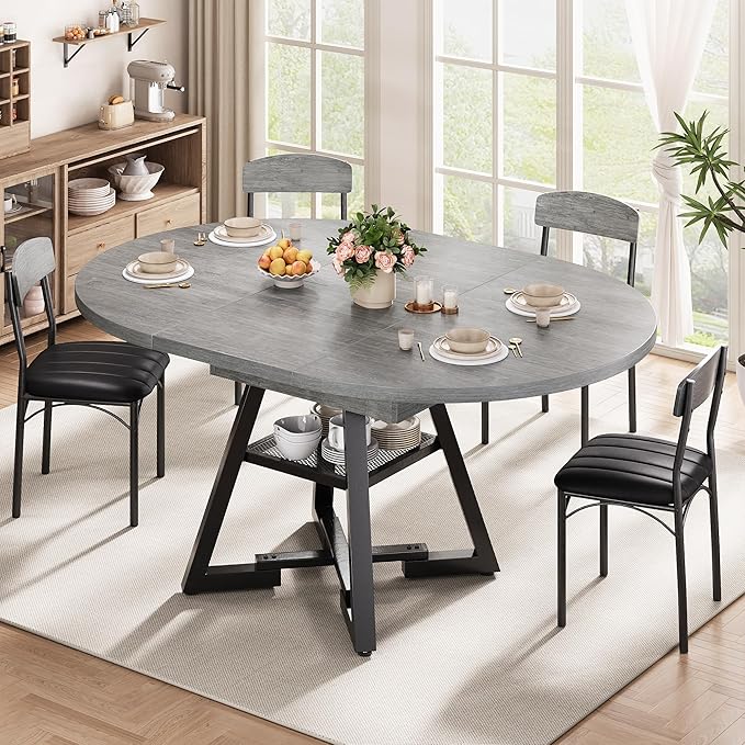 Round Dining Table Kitchen Dining Room Dinner Table for 4-6, Space Saving Extendable Oval Circle Furniture with Pedestal Base and Storage Shelf for Kitchen Living Room (Grey, for 6-8)