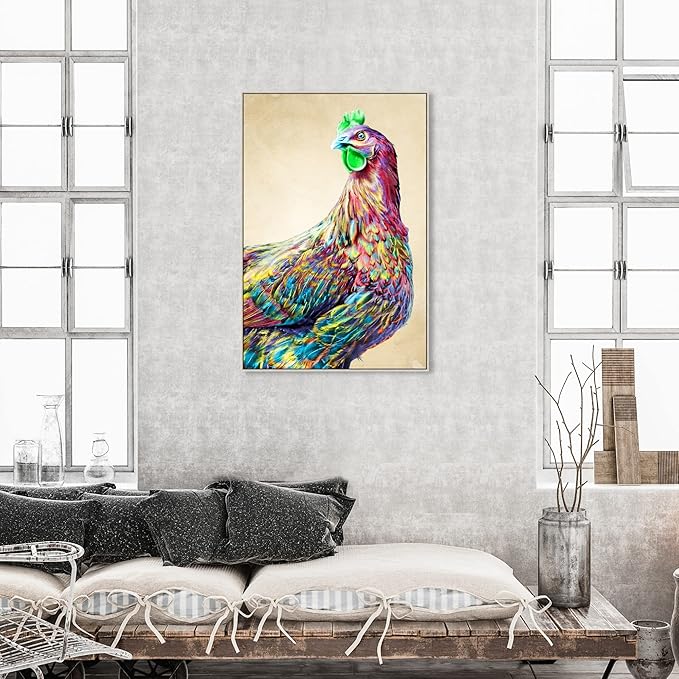 Country Farmhouse Canvas Print Painting Animal Wall Art 'Fun Colorful Glam Rooster' Champagne Framed Canvas Rustic Home Décor 30x45 in Pink, Green by Oliver Gal