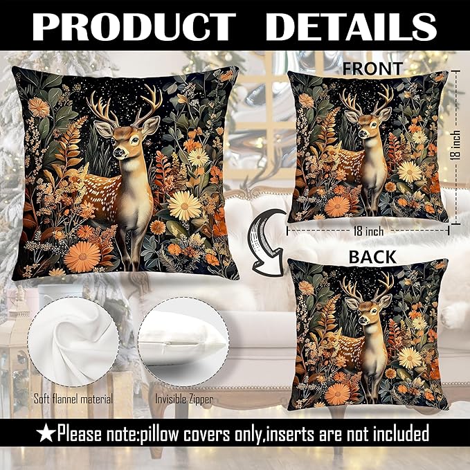 William Morris Inspired-Vintage Floral Deer Pillow Covers 18x18 Set of 2,Dark Cottagecore Decor,Aesthetic Rustic Wildflower Botanical Deer Decorative Pillow Covers for Home Living Room Bedroom